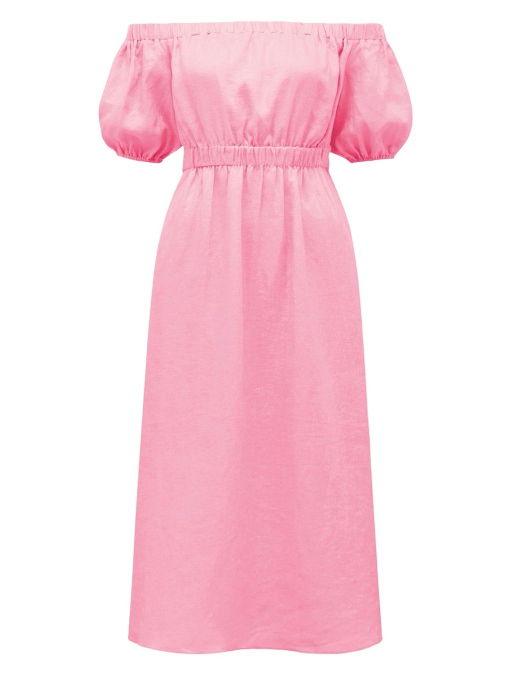 Ever New Milan 100% Linen Bright Pink Bardot Midi Dress | Off-Shoulder Open Back - Picture 6 of 13